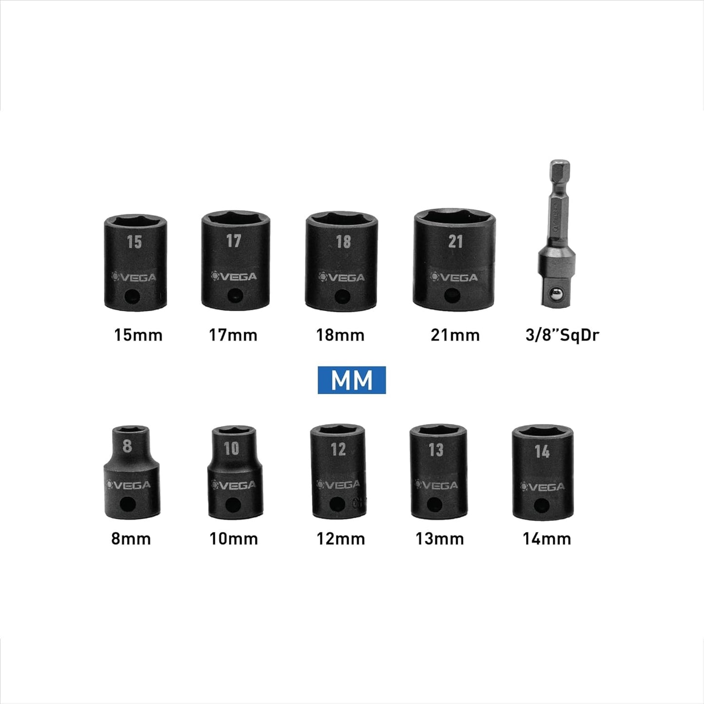 3/8 Sq Dr MM Impact Socket Set - 10pc