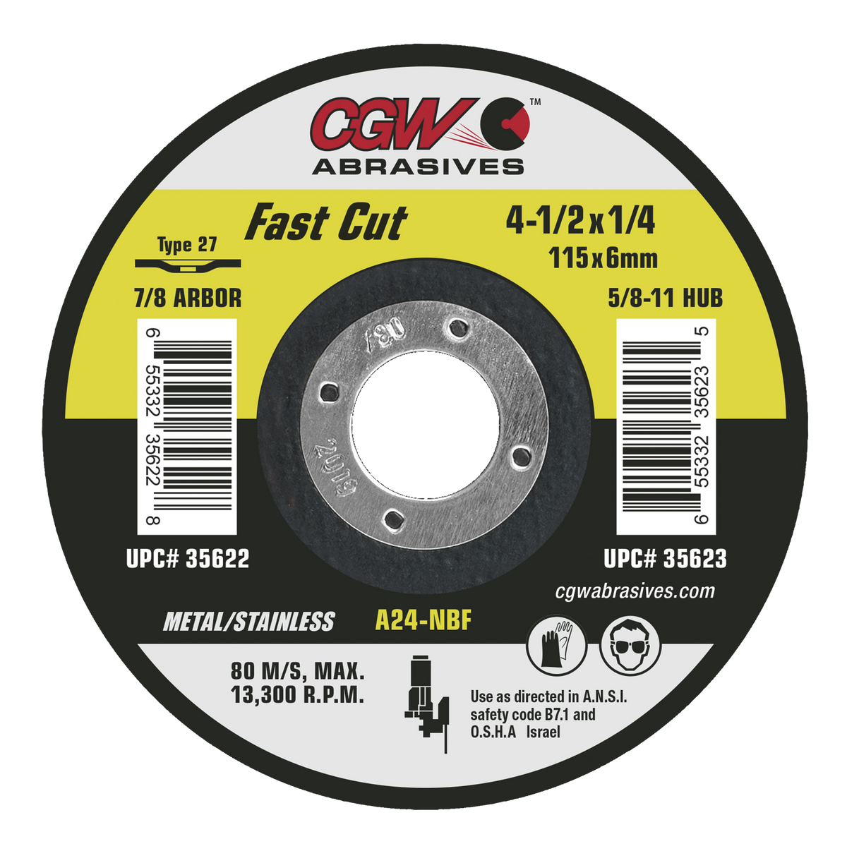 4-1/2" X 1/4" X 7/8" A24-R Type 27 24-Grit Fast Cut Aluminum Oxide Grinding Wheel