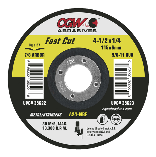 7" X 1/4" X 7/8" A24-R Type 27 24-Grit Fast Cut Aluminum Oxide Grinding Wheel