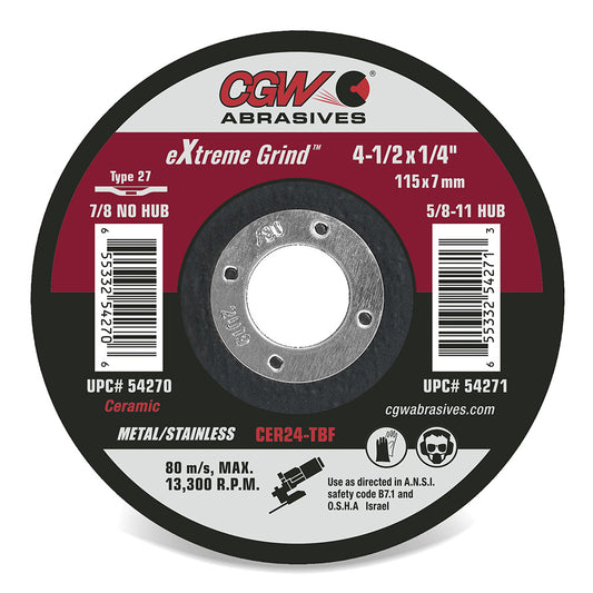 6" X 1/4" X 5/8"-11 Type 27, 24-Grit Ceramic Grinding Wheel